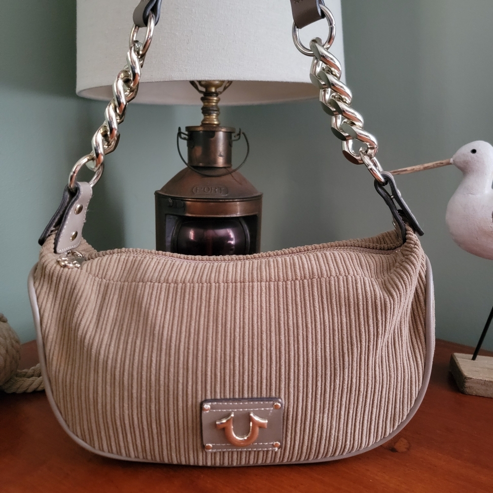 True Religion Y2K Chain Baguette Shoulder Bag Tan Corduroy Purse